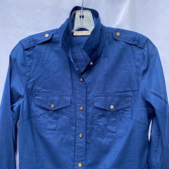 Tory Burch womens navy blouse with gold insignia buttons Size 4 NWT - Picture 3 of 5